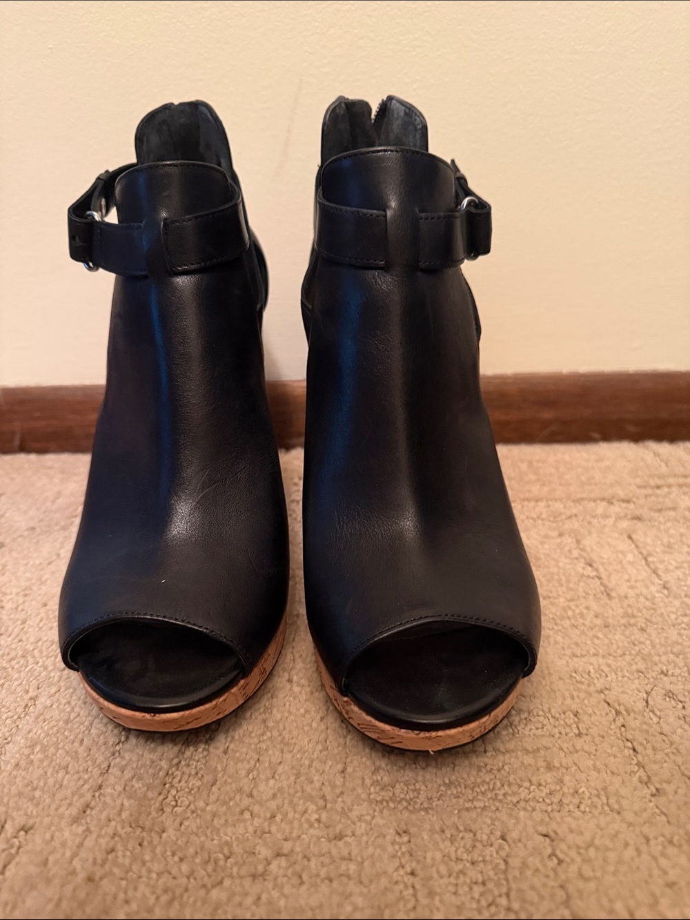 NEW- Ralph Lauren -Black Open-Toe Ankle Booties with Cork Platform